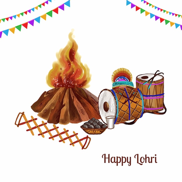 Free vector x9indian punjabi festival of lohri celebration fire background with decorated drum design