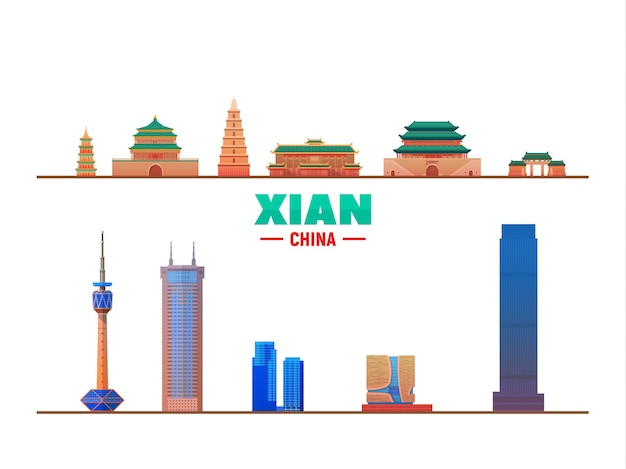 Vettore gratuito illustrazione vettoriale dello skyline di xian cina viaggi d'affari e concetto di turismo con edifici moderni immagine per il sito web banner di presentazione