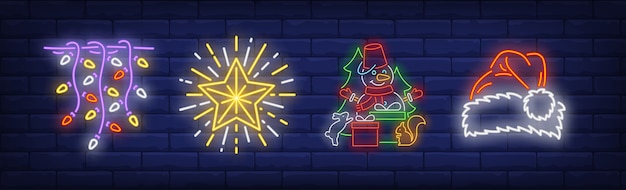 Xmas decoration symbols set in neon style