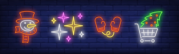 Free vector xmas symbols set in neon style collection