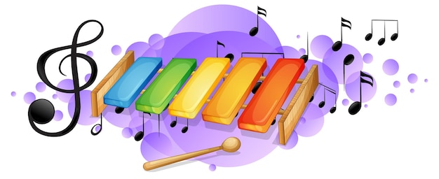 Free vector xylophone musical instrument with melody symbols on purple splotch