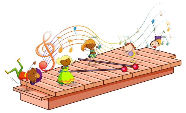 多くの幸せな子供たちとメロディーのシンボルが分離された木琴