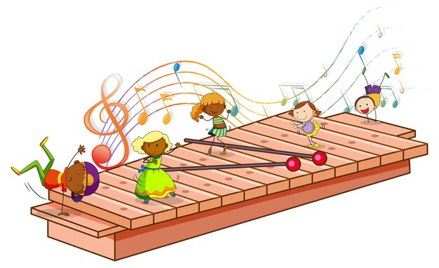 Xylophone with many happy kids and melody symbols isolated