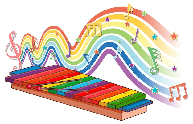 Free vector xylophone with melody symbols on rainbow wave