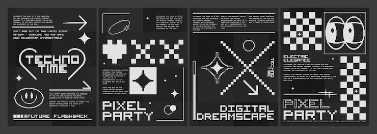 무료 Vector y2k 디자인 스타일 포스터 레이아웃과 픽셀 요소