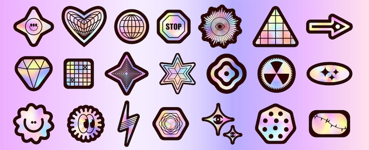 Free Vector y2k holographic sticker pack with geometric shapes