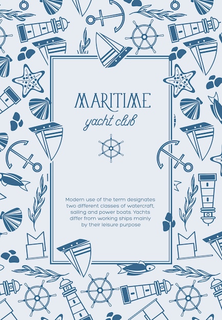 Vettore gratuito poster di composizione schizzo cornice quadrata di yacht club con oggetti marittimi monocromatici come pesci, navi, stelle rosse e bandiere