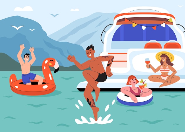 Free vector yacht party flat composition with outdoor scenery of sea water bay with chilling friends drinking jumping vector illustration