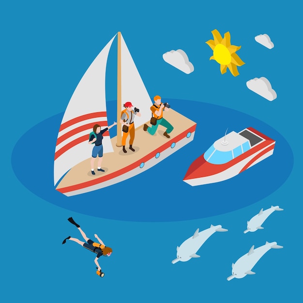 Yacht with tourists, person during diving, motor boat, dolphins isometric composition on blue background