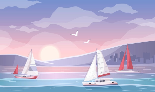屋外の夕日の風景と帆ヨットのイラストのグループと湾の景色とヨットの漫画の構成