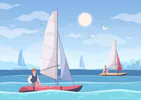 Free vector yachting cartoon composition with summer sea scenery and human characters of sailors