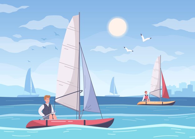 Яхтенная мультяшная композиция с летними морскими пейзажами и человеческими персонажами моряков