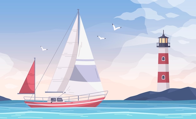 ウォーターベイの景色を望むヨットの漫画の構成と海岸のイラストに灯台と小さなヨットを航海