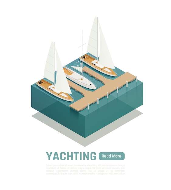 Yachting isometric composition with  green read more button and square piece of land and boat  illustration,