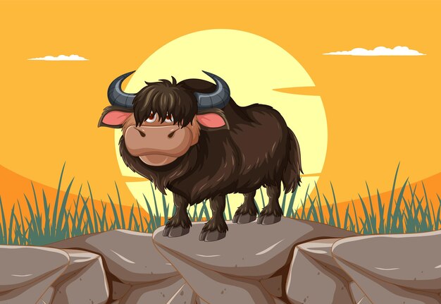 Free vector yak on a mountain at sunset