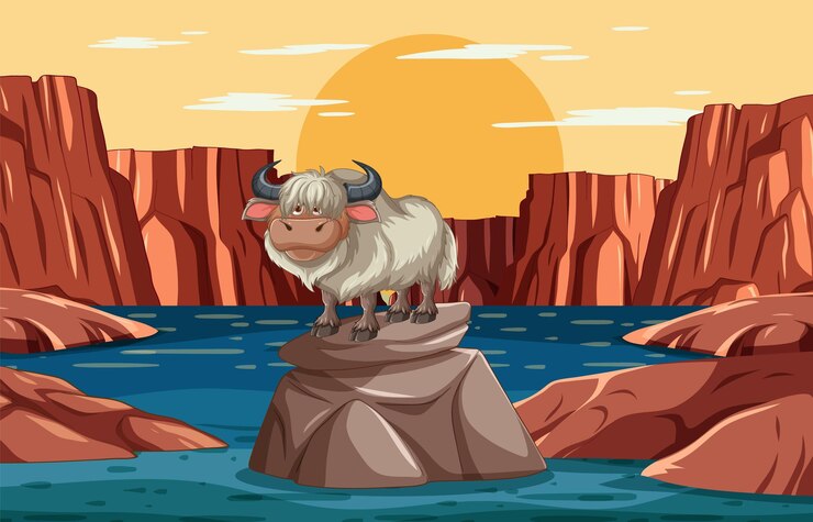 Free Vector yak stranded on a river rock