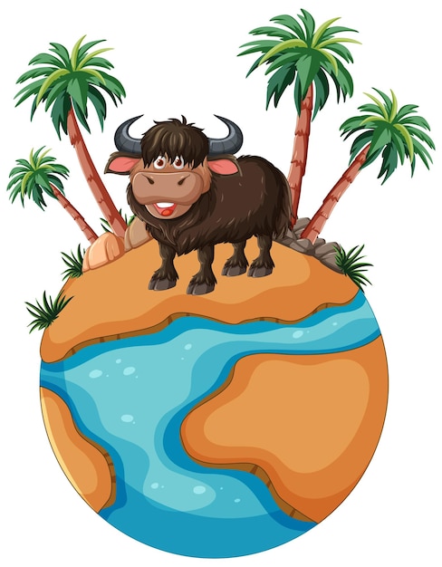 Yak on tropical island globe illustration