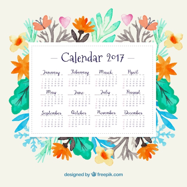 Year 2017 calendar with watercolor flowers