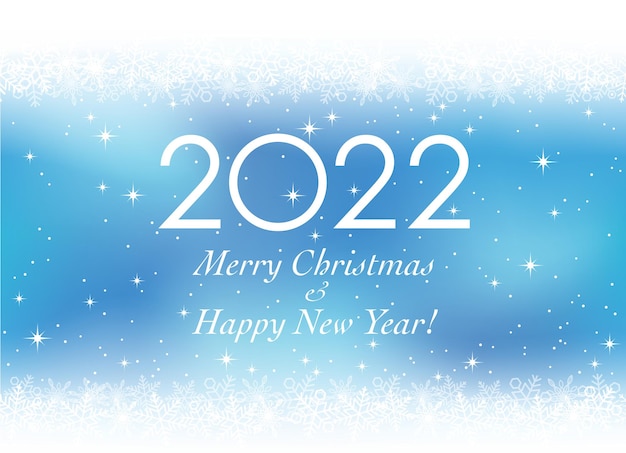 青い背景に雪片と2022年のクリスマスと新年のベクトルグリーティングカード