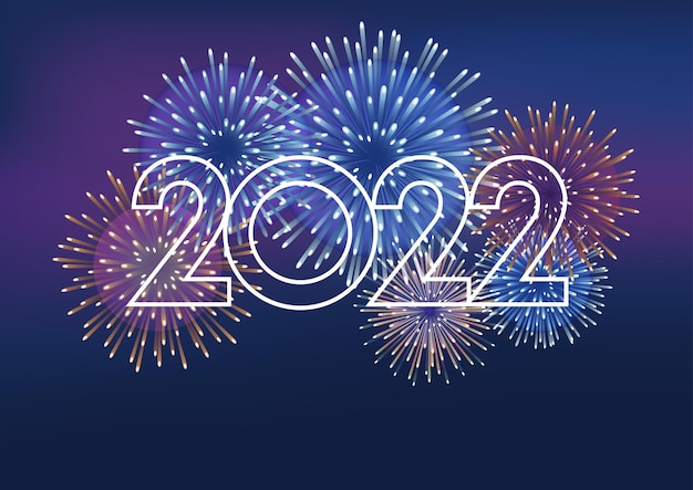 The year 2022 logo and fireworks with text space on a dark background celebrating the new year