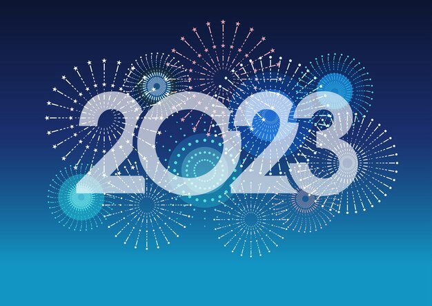 Логотип 2023 года и фейерверк на синем фоне векторной иллюстрации