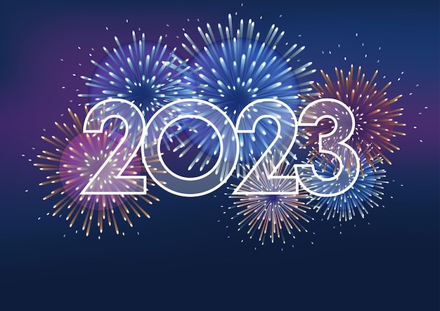 Il logo dell'anno 2023 e i fuochi d'artificio con lo spazio del testo. illustrazione vettoriale celebrando il nuovo anno.