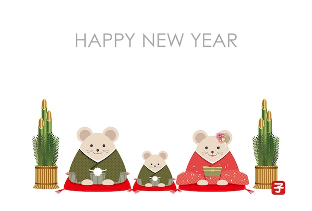 Free vector the year of the rat new year card template with personified rats dressed in japanese kimono.