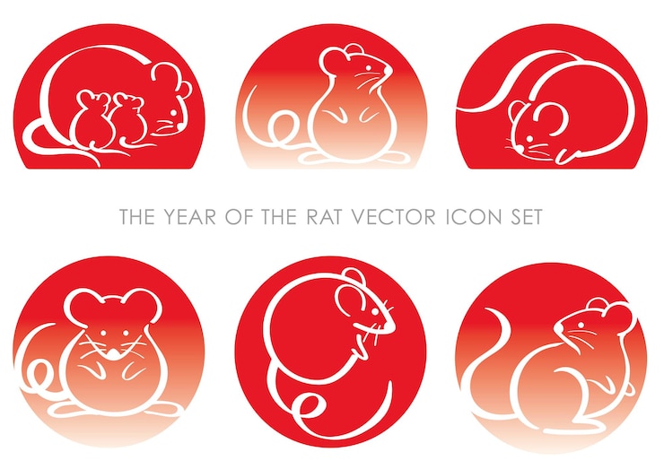 Free Vector the year of the rat vector red icon set isolated on a white background.