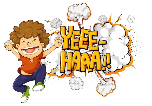 Free vector yeee-haaa word on bomb explosion with a boy cartoon character isolated