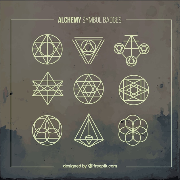 Yellow alchemy symbols badges