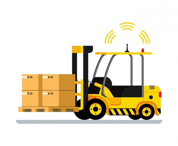 Free vector yellow automatic delivery forklift car full of box