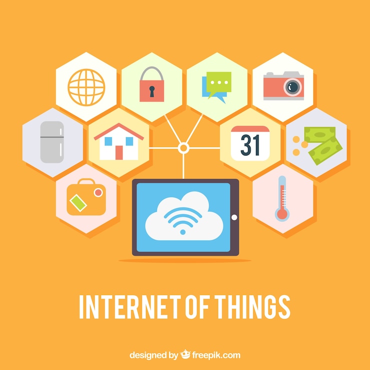 Free Vector yellow background with device and other elements connected to internet
