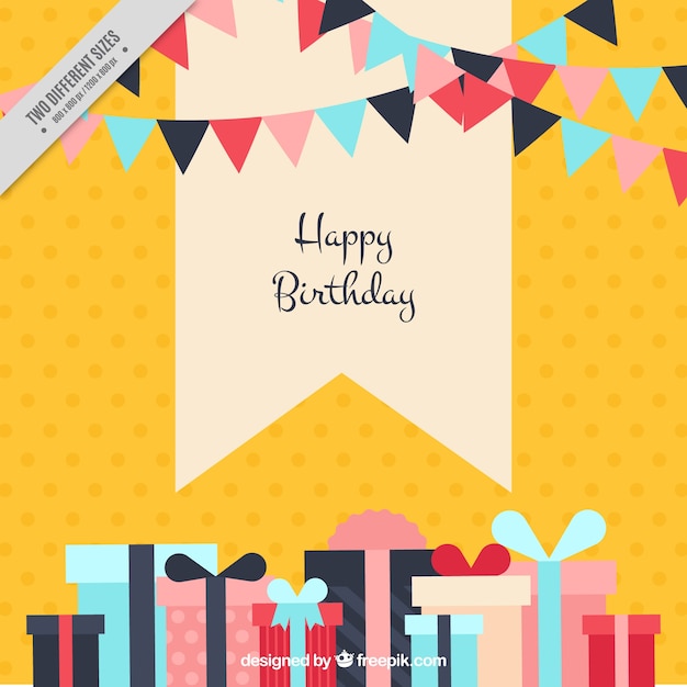 Yellow background with garlands and birthday presents