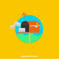 Free vector yellow background with letterbox and envelopes in flat design