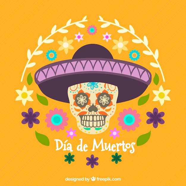 Yellow background with skull and mexican hat