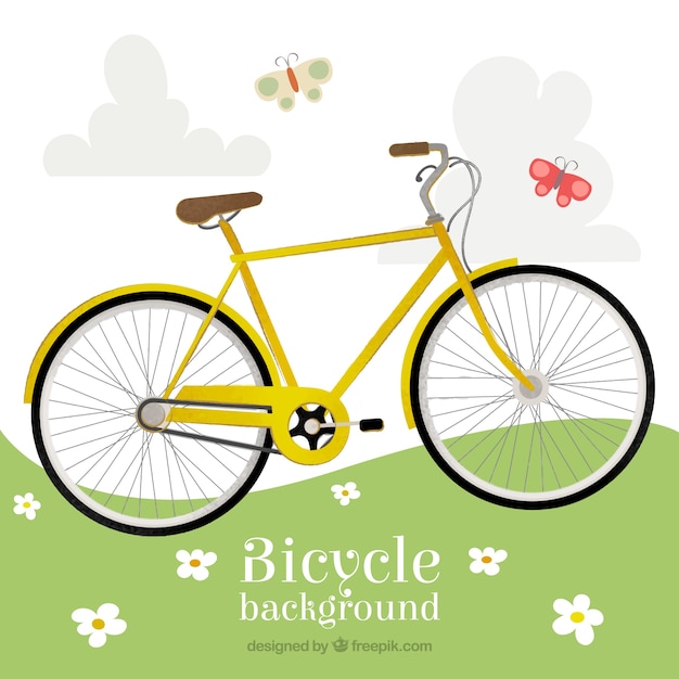 Желтый велосипед на заднем плане сельской местности