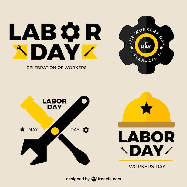 Free vector yellow and black stickers for labor day