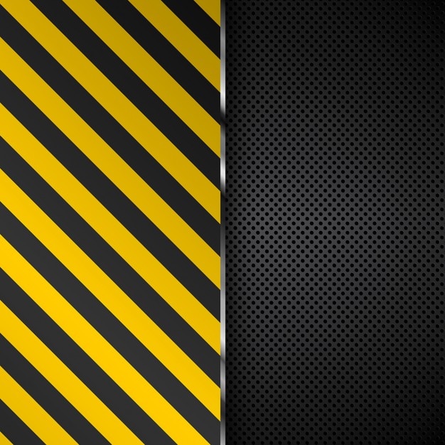 Yellow and black stripes on a perforated metal background