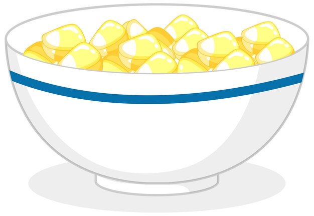 Yellow candies or gummies in a bowl isolated