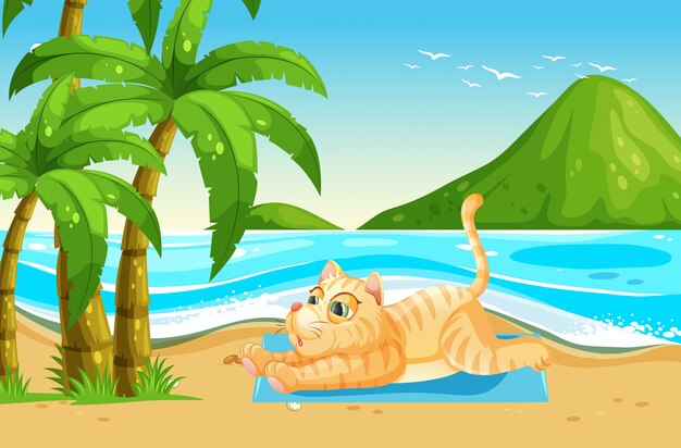 노란 고양이 해변에서 휴식