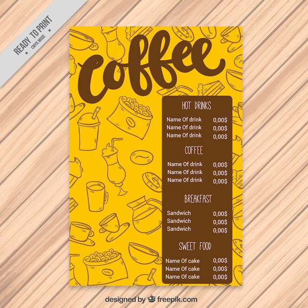 Yellow coffee menu with sketches