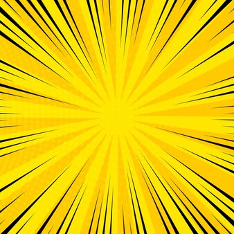 空のスペースとポップアートスタイルの黄色の漫画ページの背景。光線、ドット、ハーフトーン効果のテクスチャを含むテンプレート。ベクトルイラスト