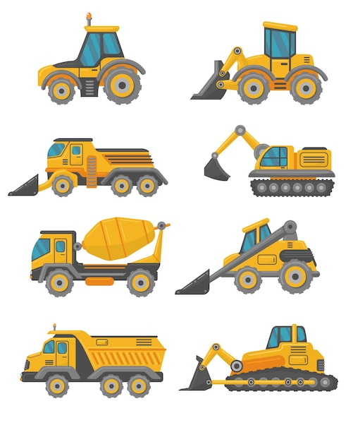 Yellow construction trucks flat vehicles set