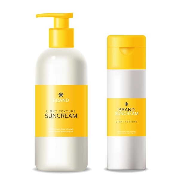 Yellow cosmetics sunscreen lotion vector realistic. Product placement mock ups