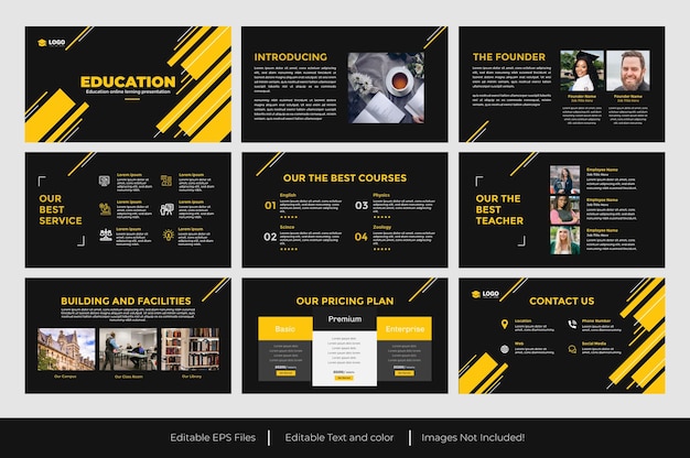 黄色の教育powerpointプレゼンテーションスライドデザイン Premiumベクター