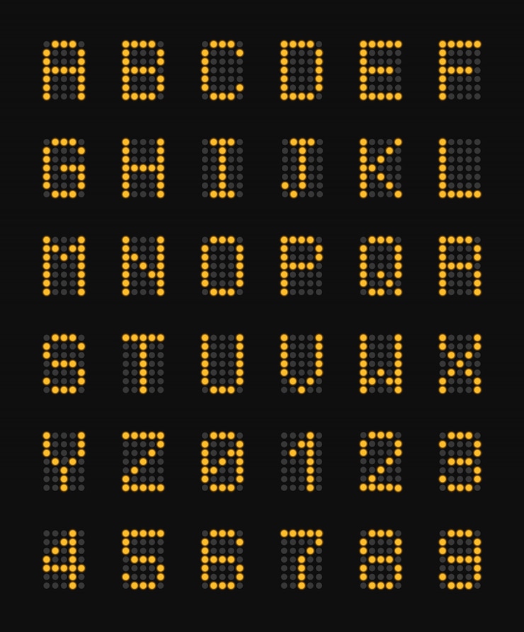 Free Vector yellow electronic capital letters of alphabet on black airport board realistic composition and numbers illustration