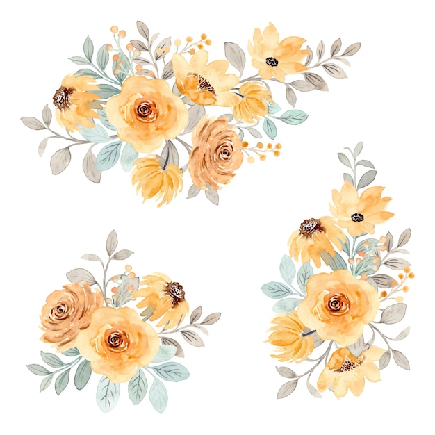Collezione di bouquet di fiori gialli con acquerello