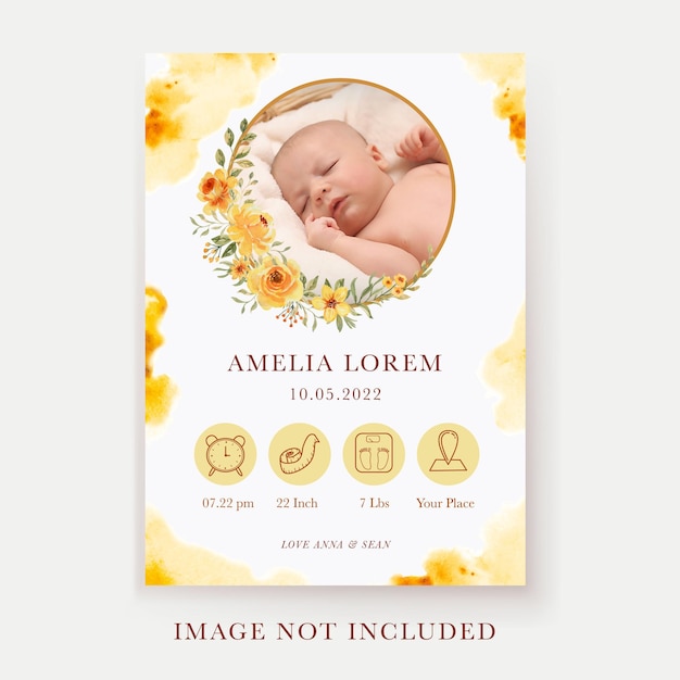 Free vector yellow flower watercolor baby announcement template