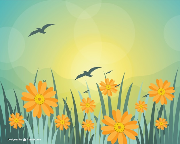 Free vector yellow flowers in the grass with birds