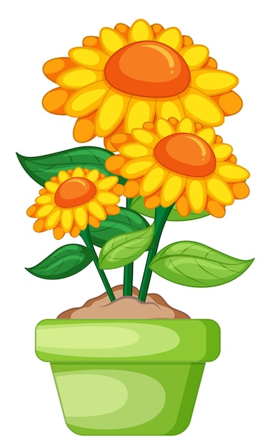 Free vector yellow flowers in a pot in cartoon style